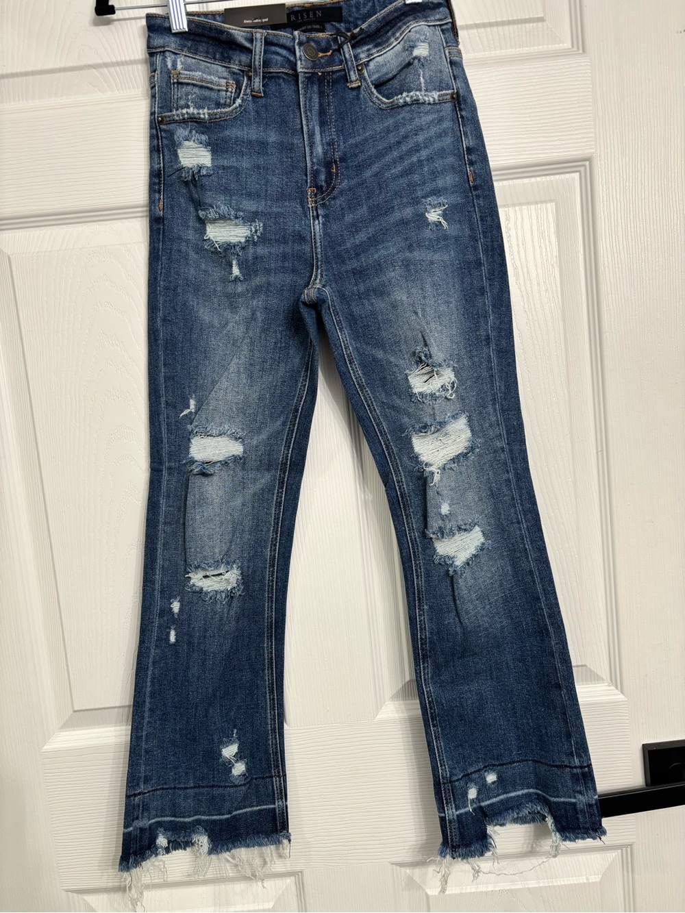 Risen Women’s Distressed Dark Blue Flare Jeans